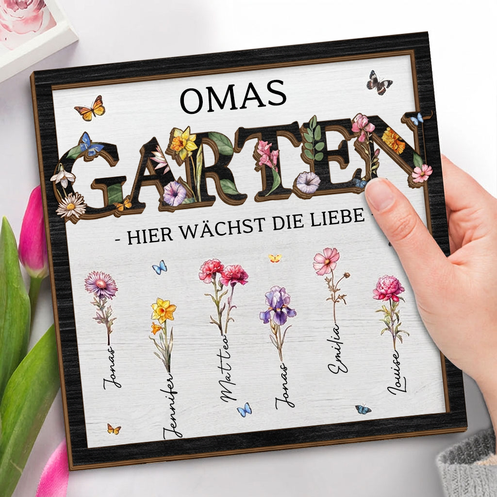 Omas Garten-Personalisierte Holzplakette mit Titel und Geburtsblumen Geschenk für Mama und Oma