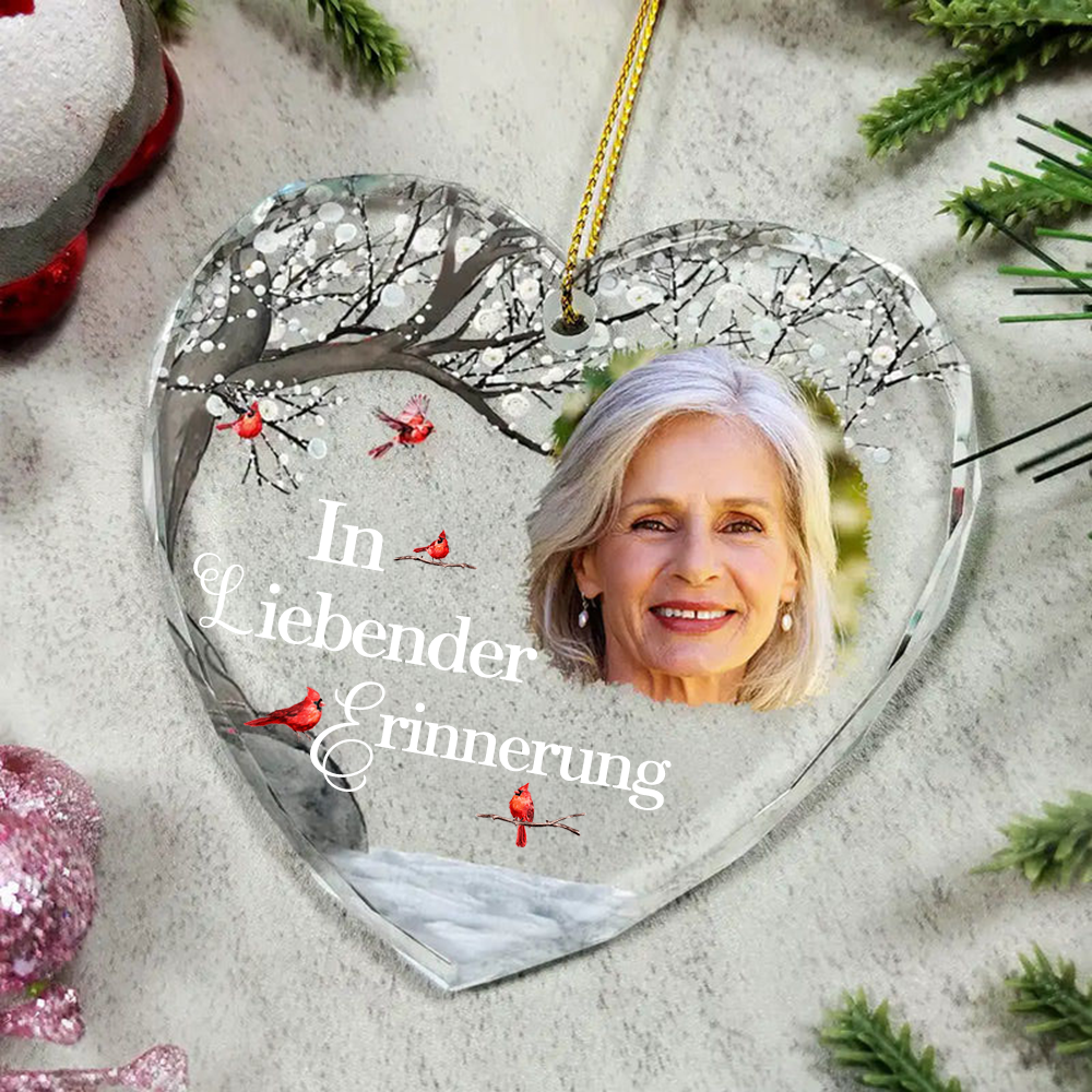 Personalisierter Glasanhänger in Herzform mit Foto Trauergeschenk