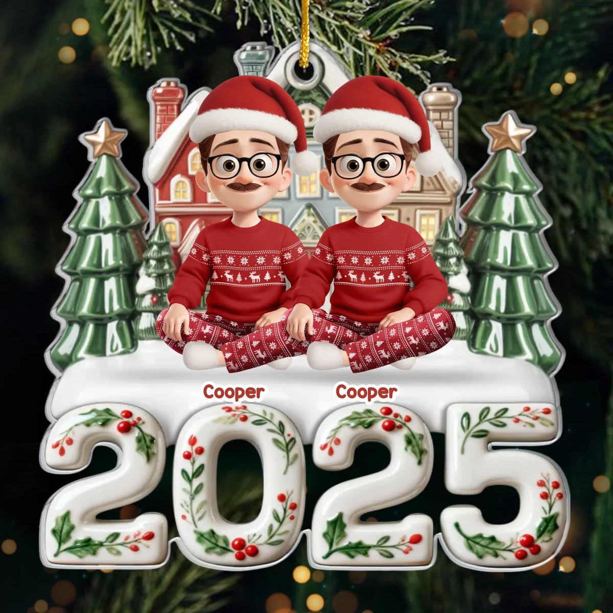 Personalisierter Acrylanhänger 2025 Christbaumschmuck mit Familie, Hund und Katze