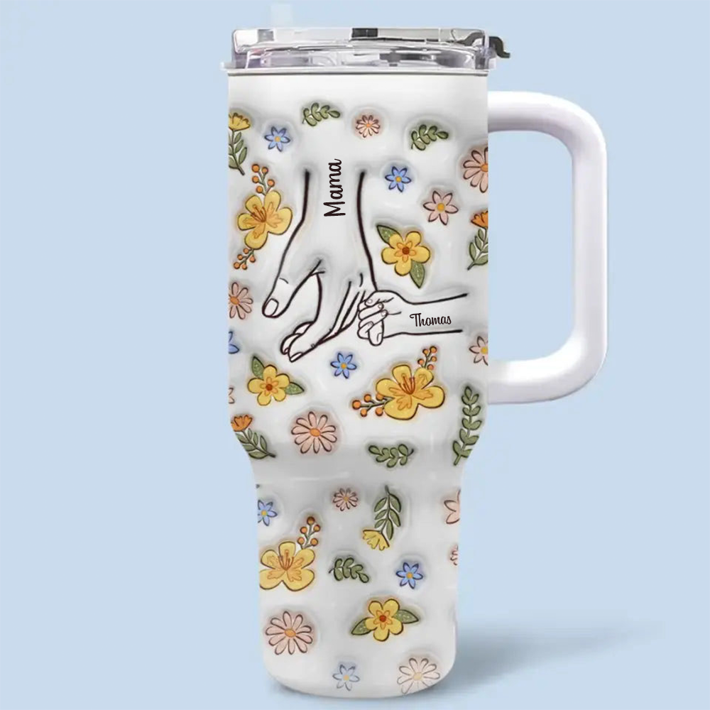 Hand in Hand – Personalisierter 40oz-Thermobecher mit Strohhalm, Geschenk für Mama, Oma – Becher mit 3D-Aufbläh-Effekt
