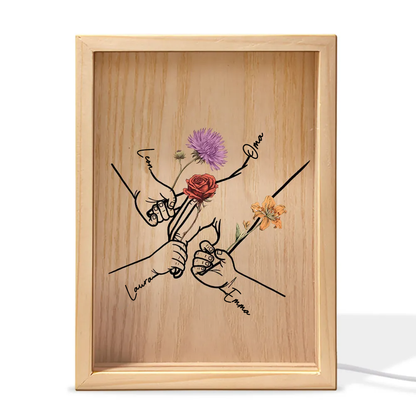 Händchen haltend – Personalisierter Leuchtrahmen mit Geburtsblumen und Namen Geschenk für Mama und Oma