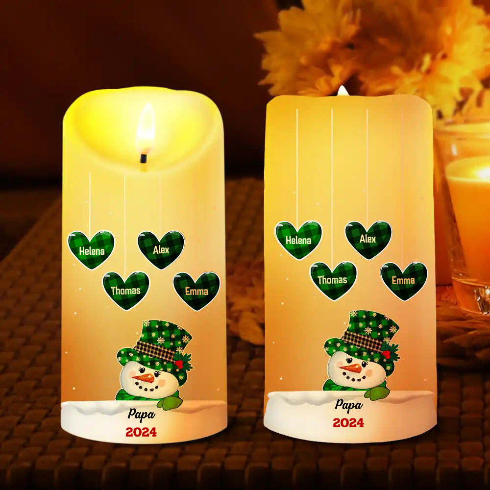 Schneemann-Paar und Herzen LED-Kerze mit Namen