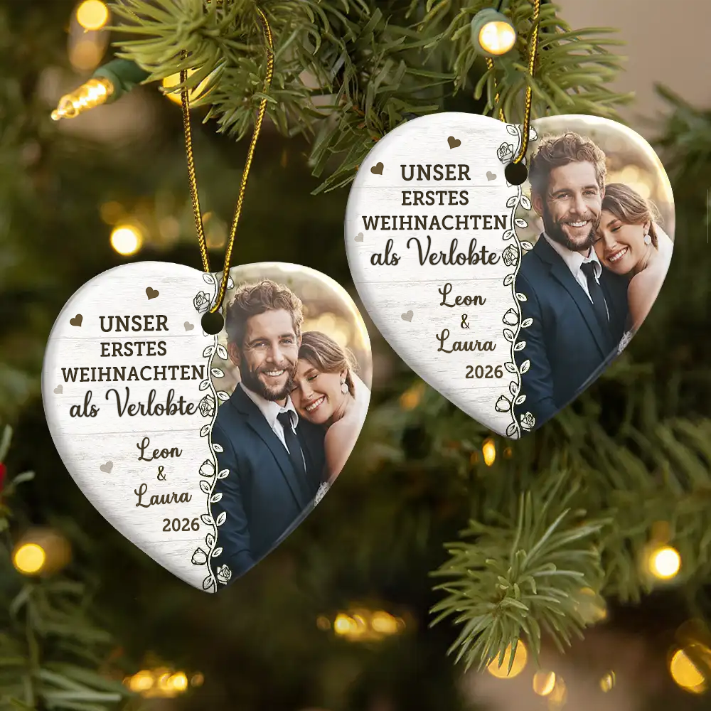 Personalisierter Keramik-Weihnachtsanhänger mit Foto - Erstes Weihnachten als Verlobte