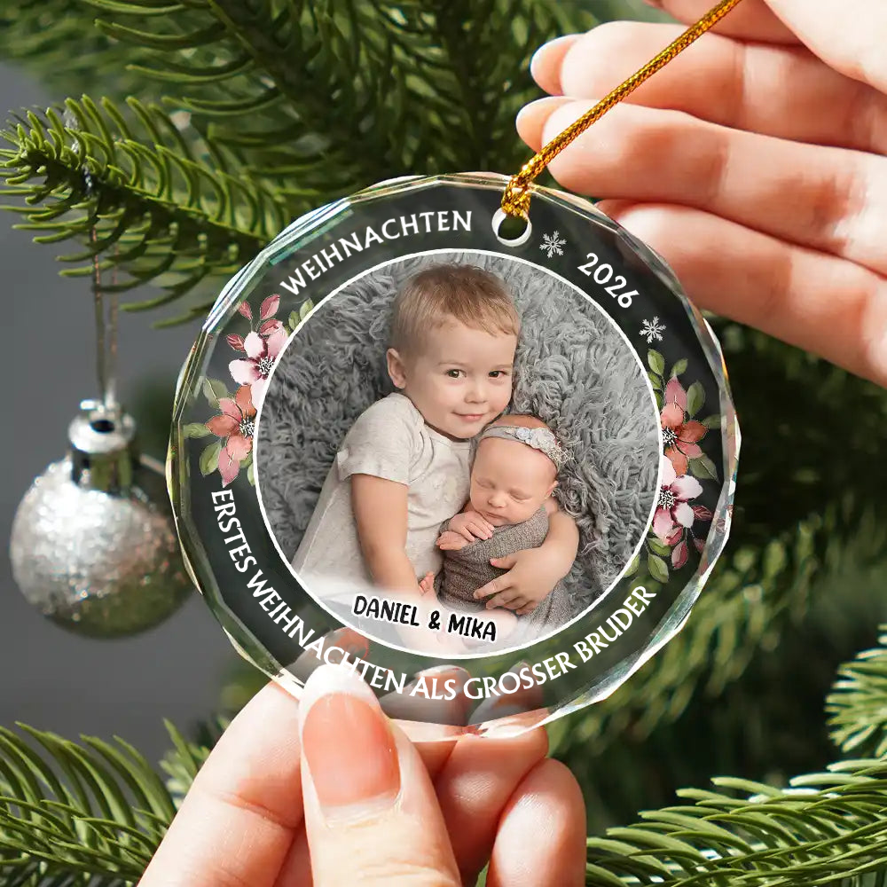 Personalisierter Glas-Weihnachtsanhänger mit Foto – für große Schwester & großen Bruder