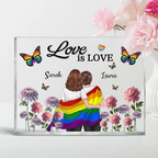 Personalisierte Acryltafel mit Regenbogenmotiv und 2 Figuren bedruckt Geschenk für LGBT Paare