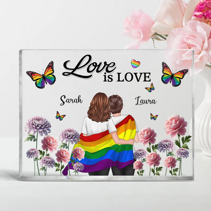 Personalisierte Acryltafel mit Regenbogenmotiv und 2 Figuren bedruckt Geschenk für LGBT Paare