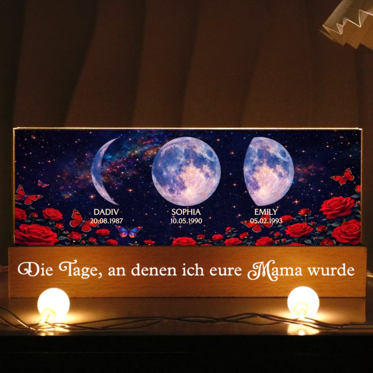 Rosen und Mondphasen- Personalisiertes LED Nachtlicht mit Text und Mondpahsen Geschenk für Mama und Oma