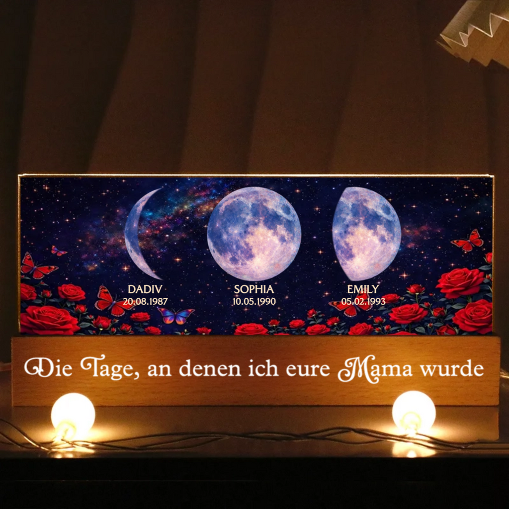 Rosen und Mondphasen- Personalisiertes LED Nachtlicht mit Text und Mondpahsen Geschenk für Mama und Oma