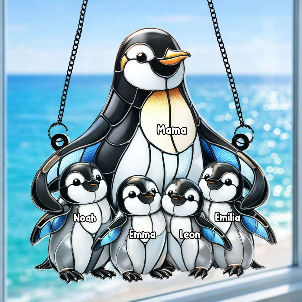 Pinguinmama/-oma mit Kindern-Sonnenfänger Ornament mit Namen