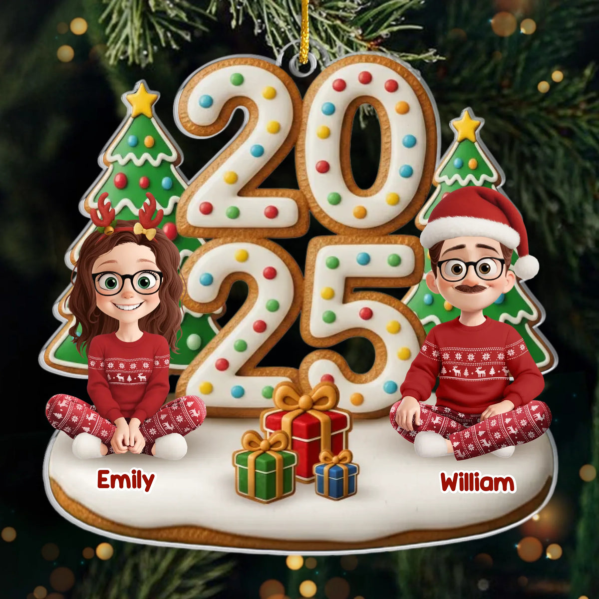 2025 Familie-Eltern mit Kinder, Hund und Katze Acrylornament Christbaumschmuck