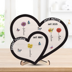 Zuerst... Jetzt...Personalisierte Doppelherz-Holztafel  mit Geburtsblumen und Namen