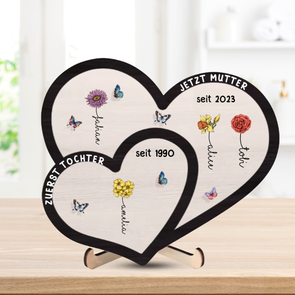 Zuerst... Jetzt...Personalisierte Doppelherz-Holztafel  mit Geburtsblumen und Namen