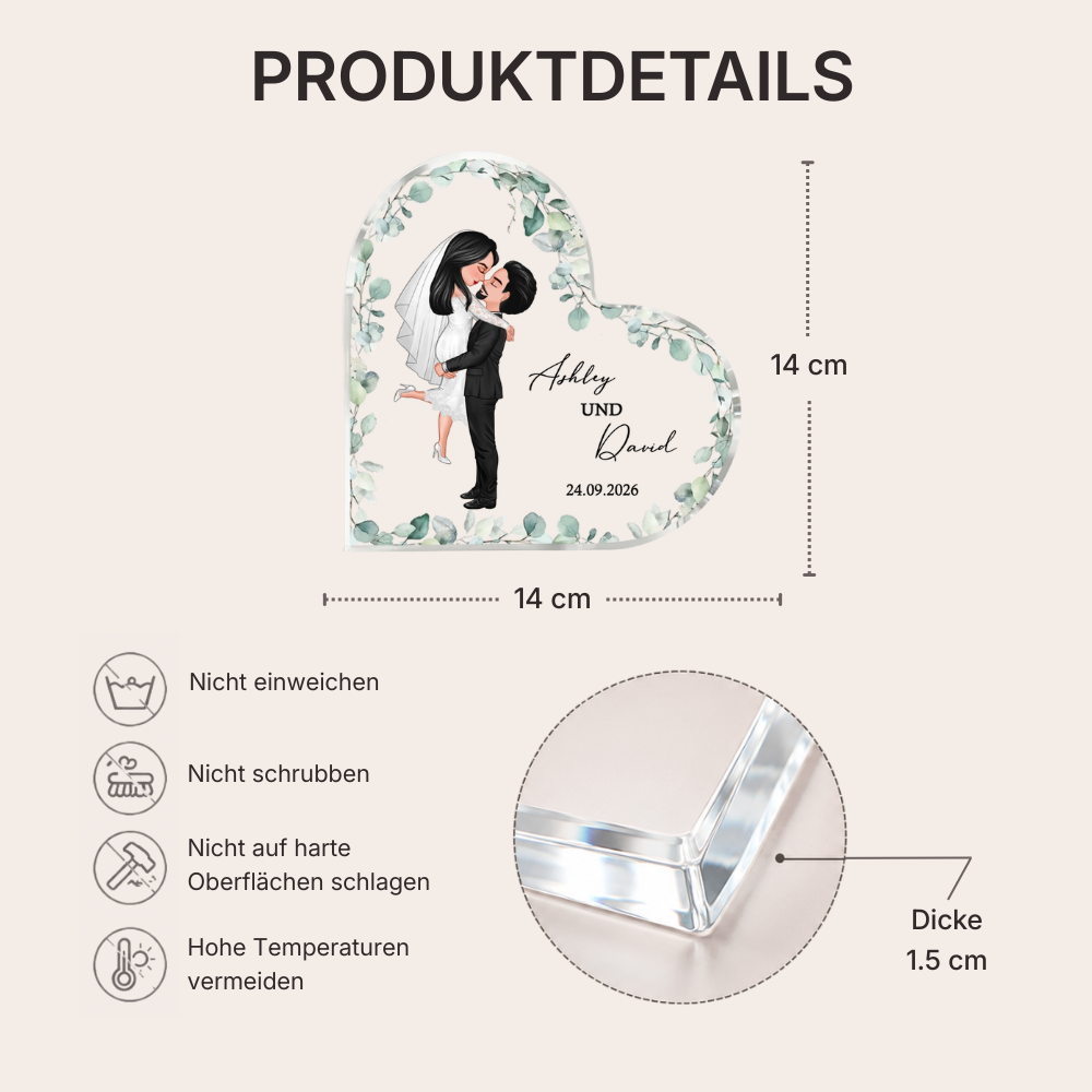 Personalisierter Acrylglas-Aufsteller mit Brautpaar und Namen
