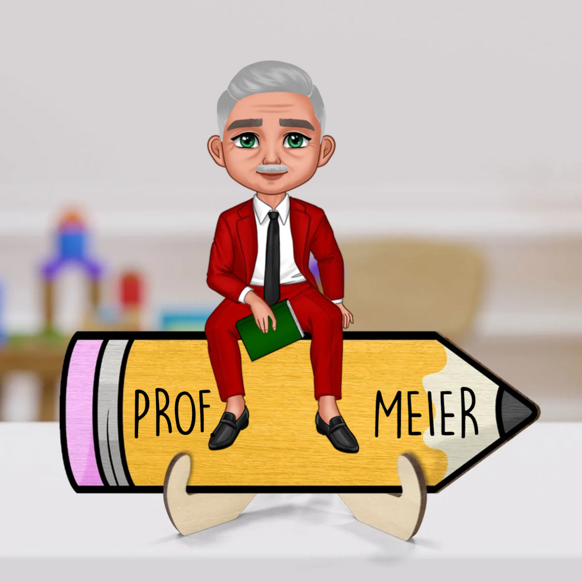 Puppenlehrer/-in auf Bleistift sitzend Personalisierte Holzplakette, Bürodekoration für Lehrer