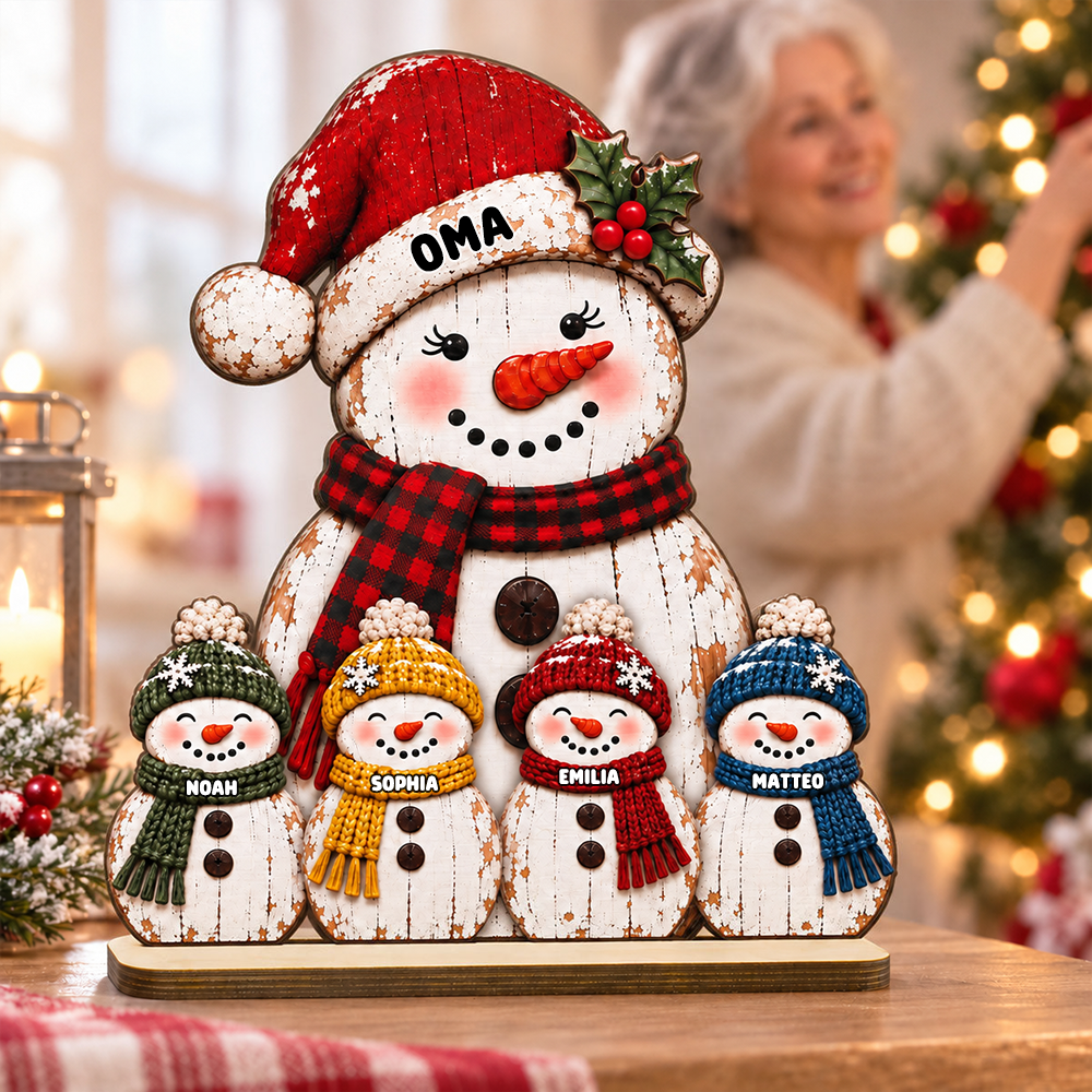 Personalisierter Holzaufsteller für Oma – Schneemann-Motiv
