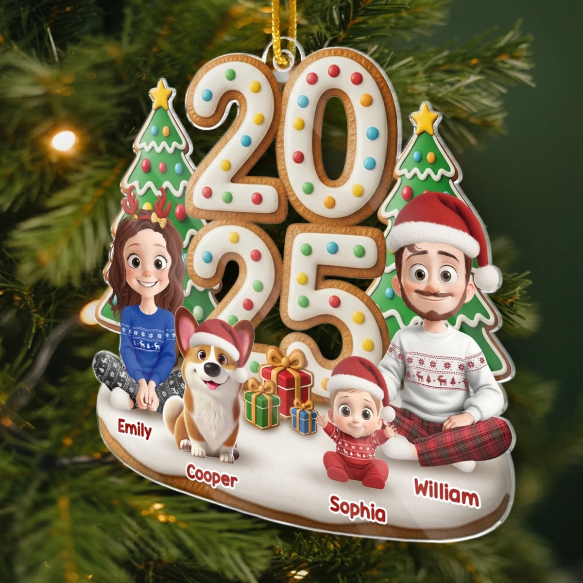 2025 Familie-Eltern mit Kinder, Hund und Katze Acrylornament Christbaumschmuck