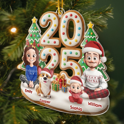 2025 Familie-Eltern mit Kinder, Hund und Katze Acrylornament Christbaumschmuck