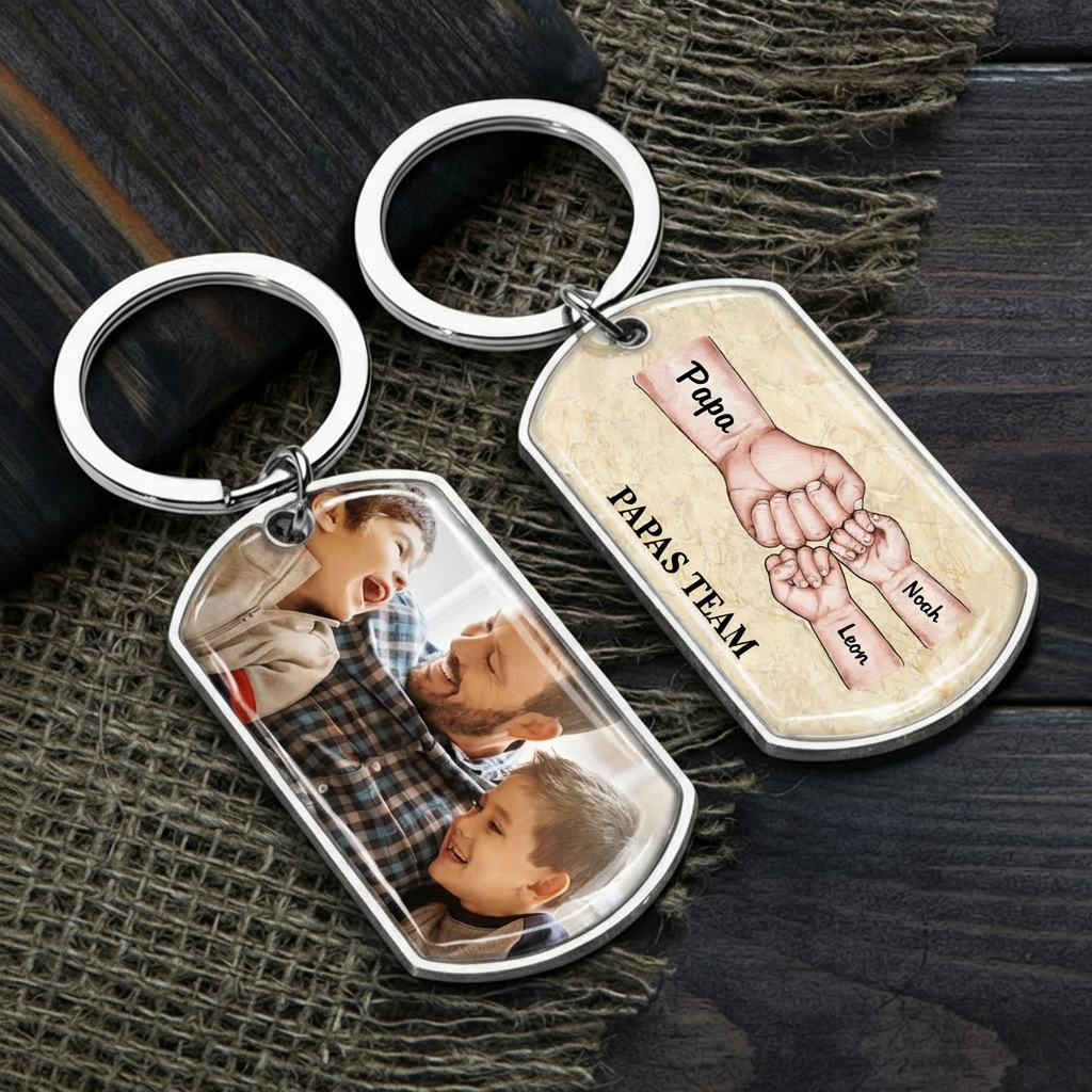 Fausstoß Foto-Edelstahl-Schlüsselanhänger mit Expoxidharz Geschenk für Papa