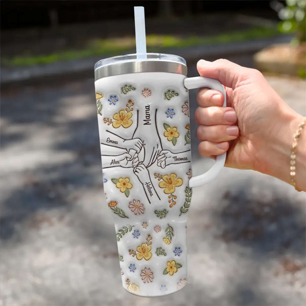 Hand in Hand – Personalisierter 40oz-Thermobecher mit Strohhalm, Geschenk für Mama, Oma – Becher mit 3D-Aufbläh-Effekt
