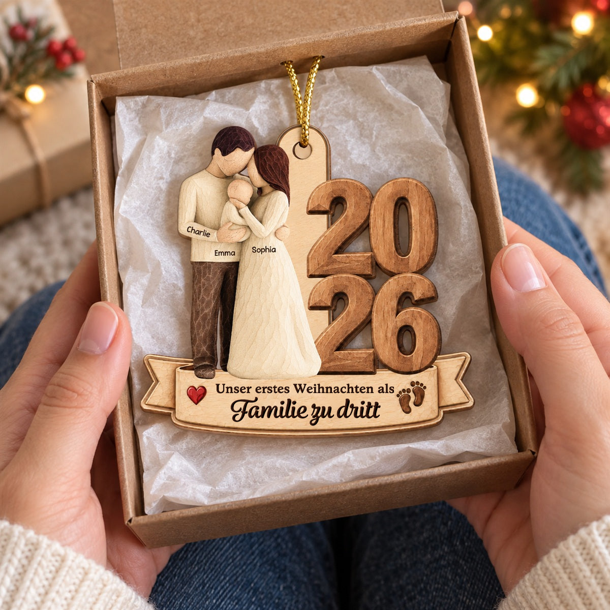 Personalisierter Holz-Weihnachtsanhänger mit Namen und Wunschjahr – Eltern mit Baby