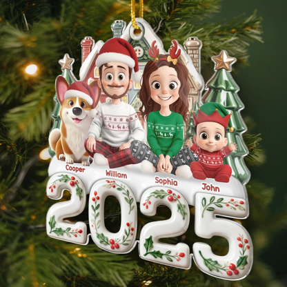 Personalisierter Acrylanhänger 2025 Christbaumschmuck mit Familie, Hund und Katze