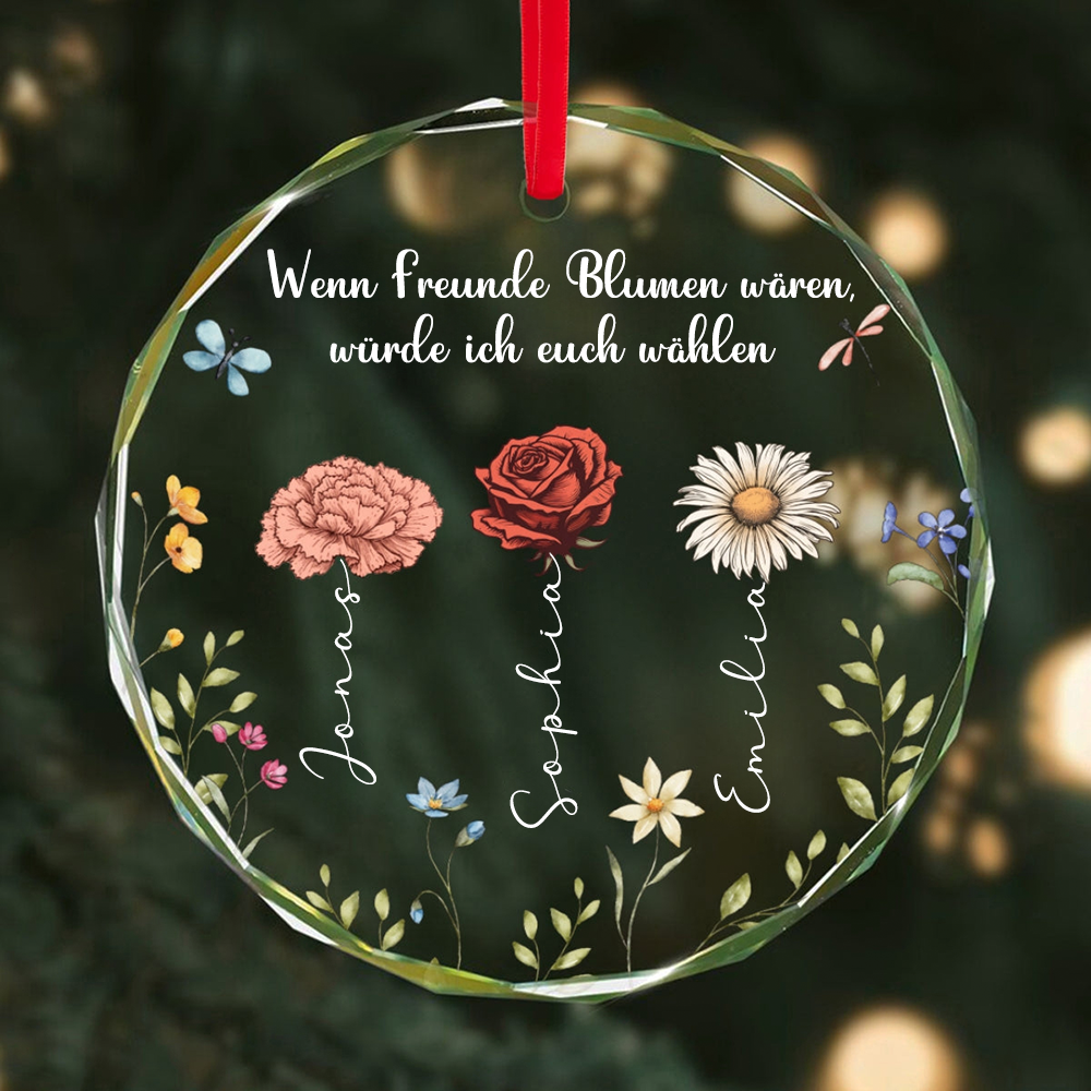 Personalisierter Glas-Weihnachtsanhänger für Freunde mit Geburtsblumen
