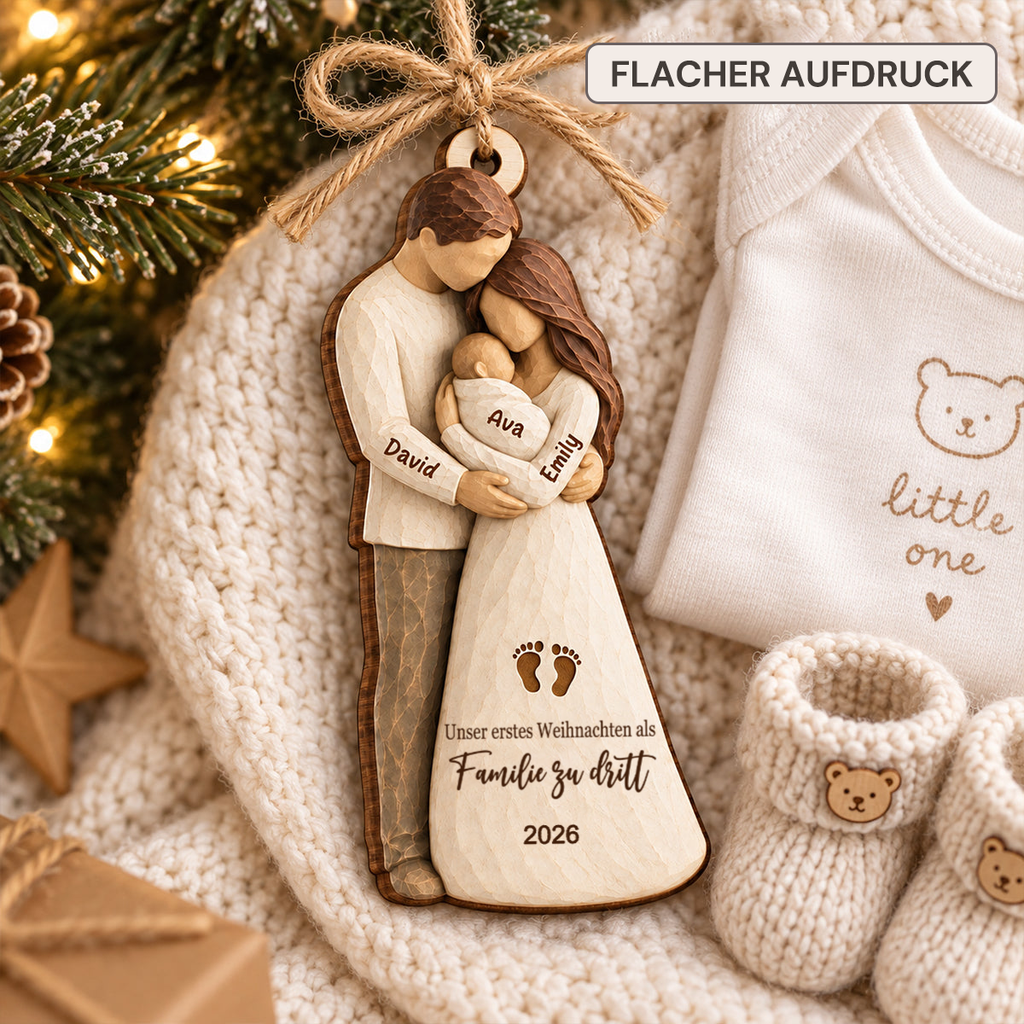 Personalisierter Holz-Weihnachtsanhänger mit Namen – Eltern mit Baby
