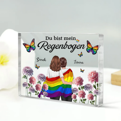 Personalisierte Acryltafel mit Regenbogenmotiv und 2 Figuren bedruckt Geschenk für LGBT Paare
