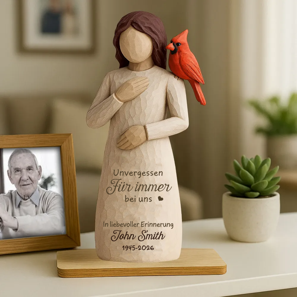 Frau und Rotkardinal-Personalisierter Holzaufsteller Trauergeschenk