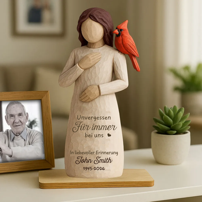 Frau und Rotkardinal-Personalisierter Holzaufsteller Trauergeschenk