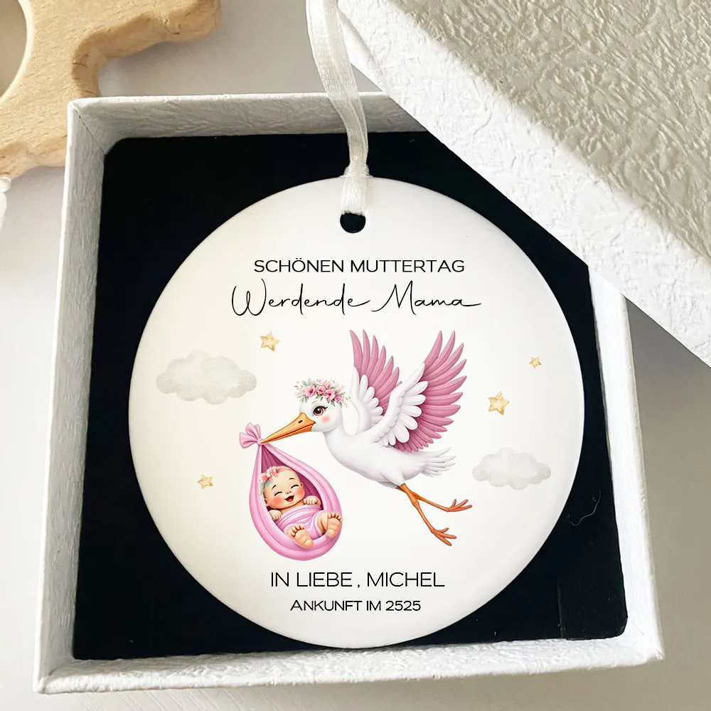 Süßer Storch & Baby – Geschenk für werdende Mamas, personalisierter Keramik-Anhänger