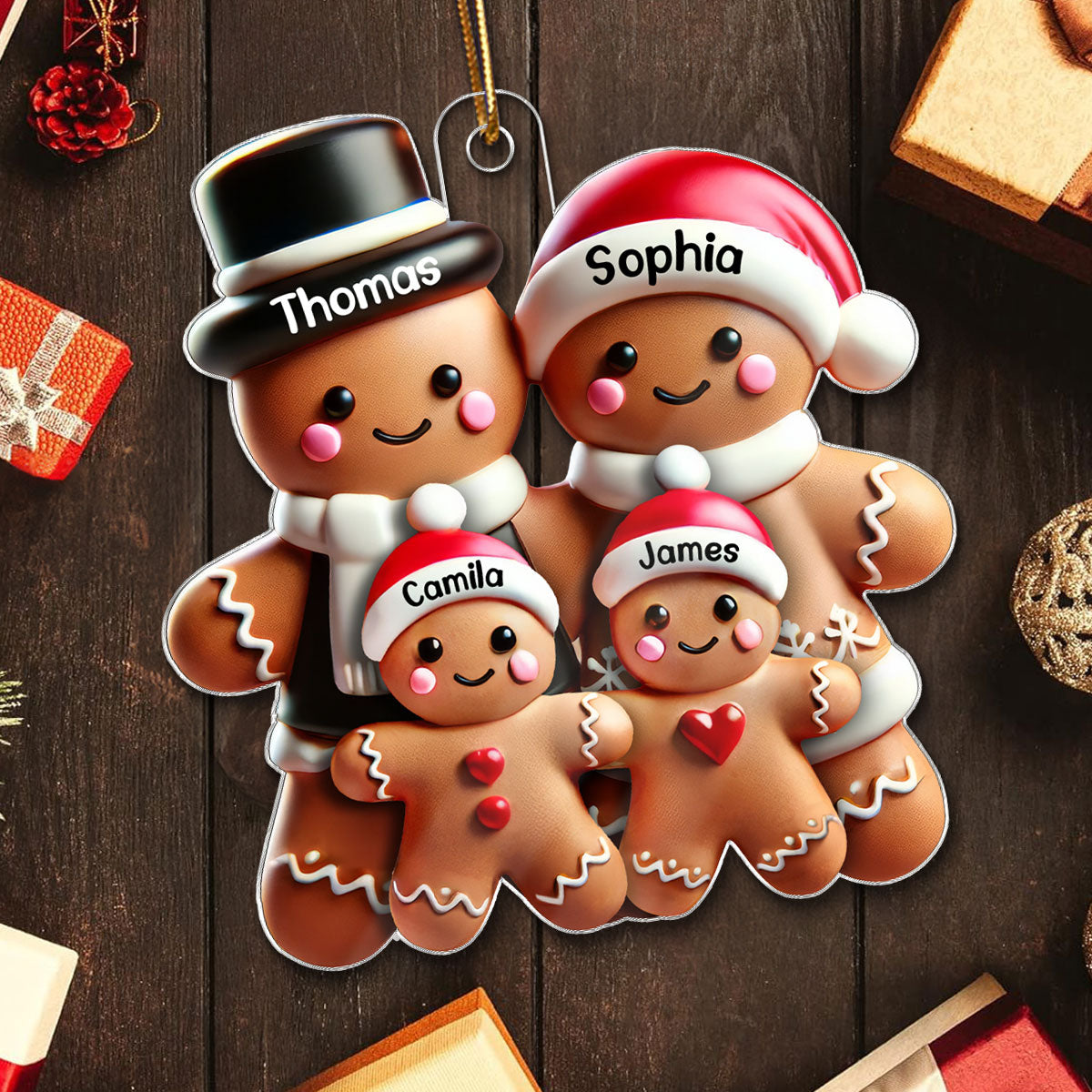 Personalisierter Acryl-Weihnachtsanhänger – Lebkuchenfamilie, beidseitig bedruckt