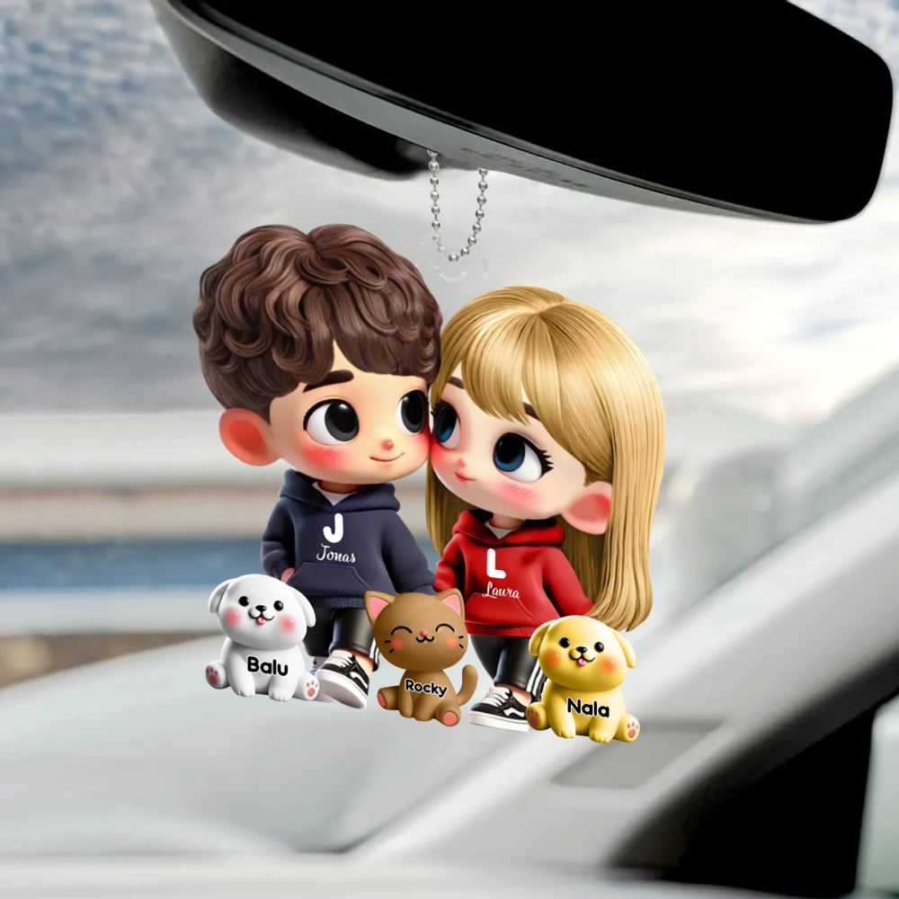 Cartoon-Paar mit Haustieren- Personalisierter Autoanhänger Geschenk für Paar