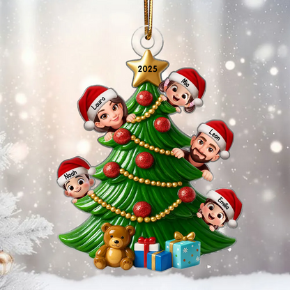 Personalisierter Acrylanhänger mit Eltern und Kinder Christbaumschmuck mit Tannenbaum