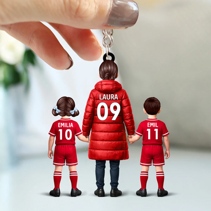 Fußballmama und Kinder- Acrylschlüsselanhänger mit Trikots und Namen