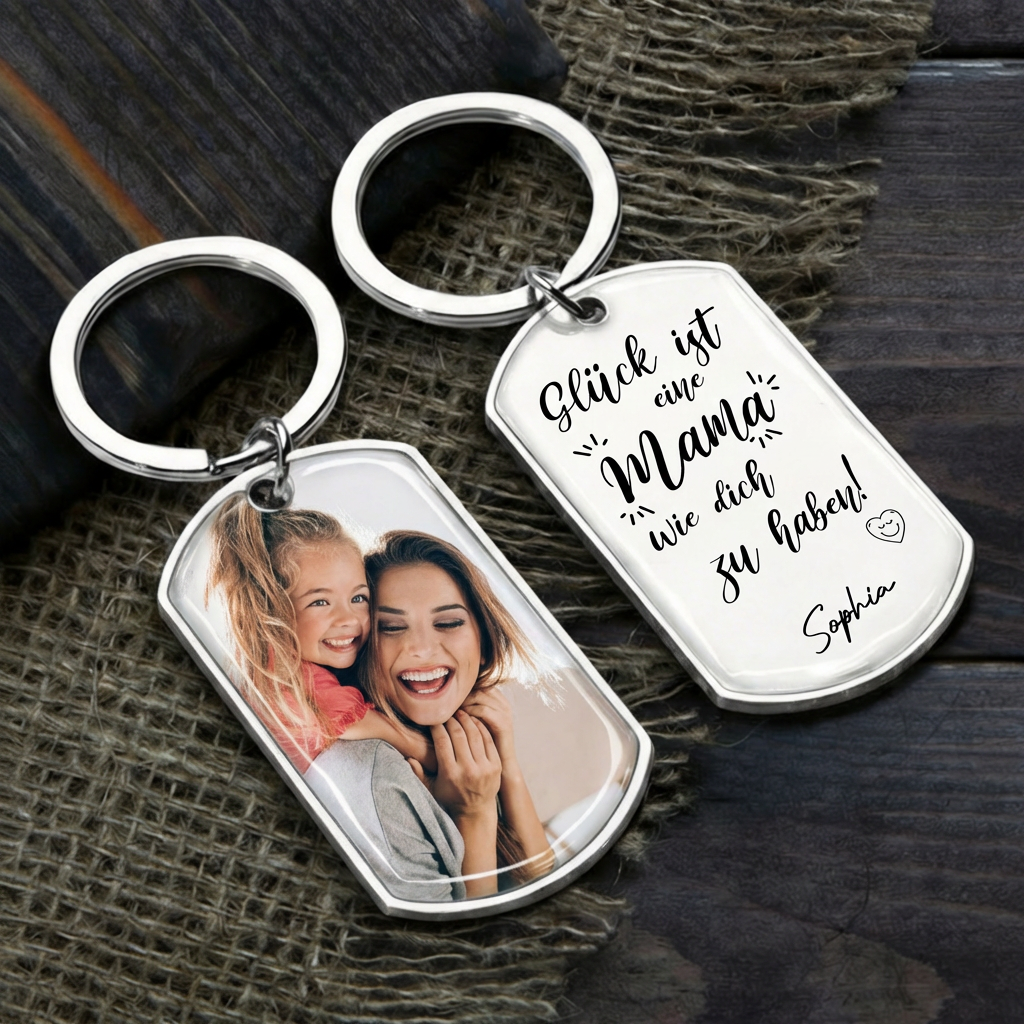 Glück ist... Foto-Edelstahl-Schlüsselanhänger mit Expoxidharz Geschenk für Mama, Papa, Oma und Opa
