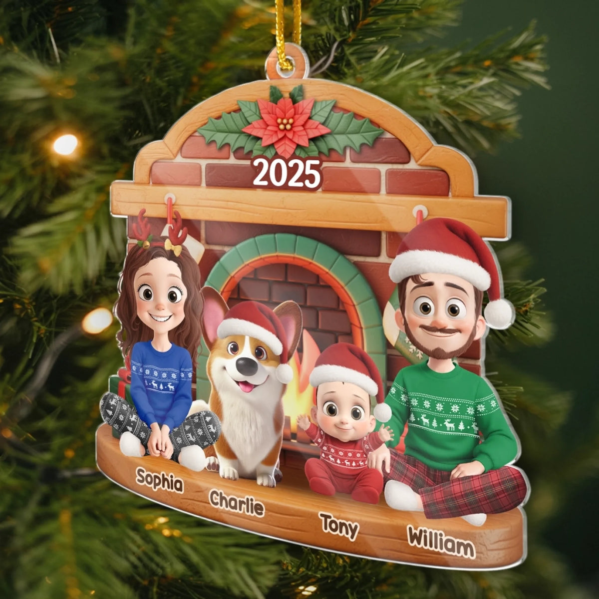 Familie am Kamin - Personalisierter Acrylanhänger mit 2-6 Personen oder Haustiere Christbaumschmuck mit Katze und Hund