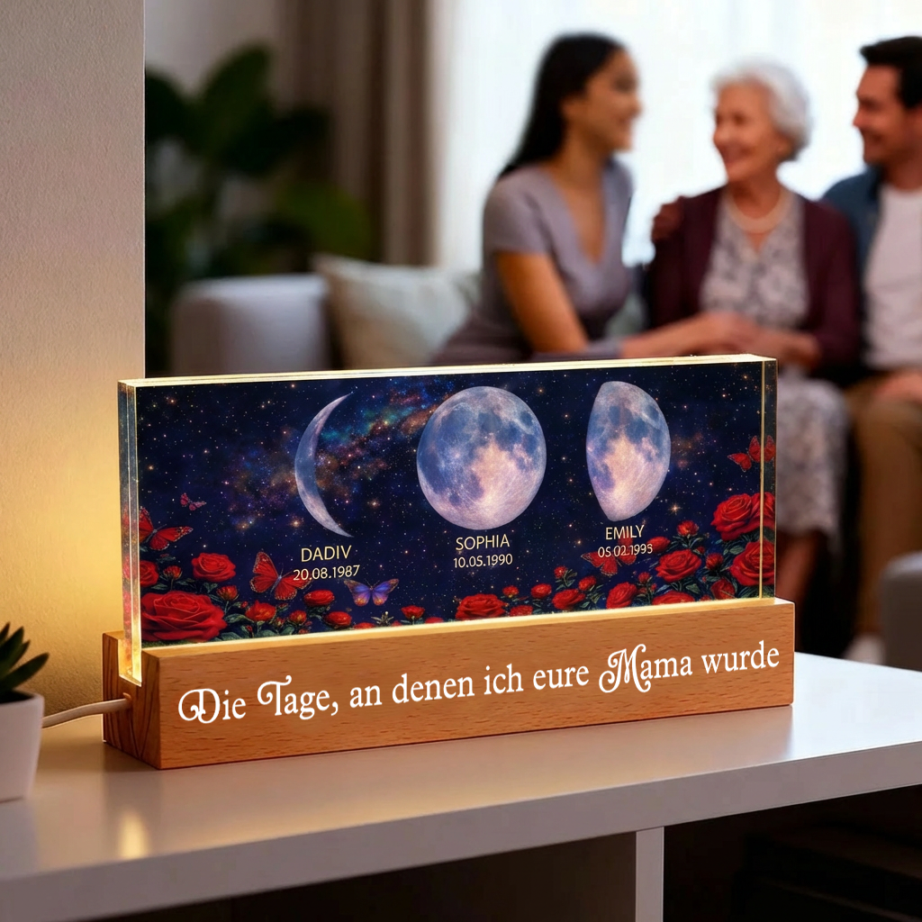 Rosen und Mondphasen- Personalisiertes LED Nachtlicht mit Text und Mondpahsen Geschenk für Mama und Oma