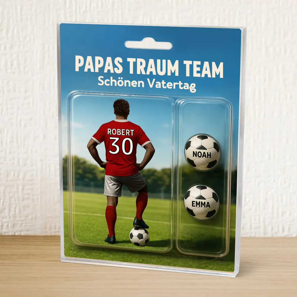 „Papas Traum Team!“ – Personalisierte Fußball-Acrylplatte für Papa