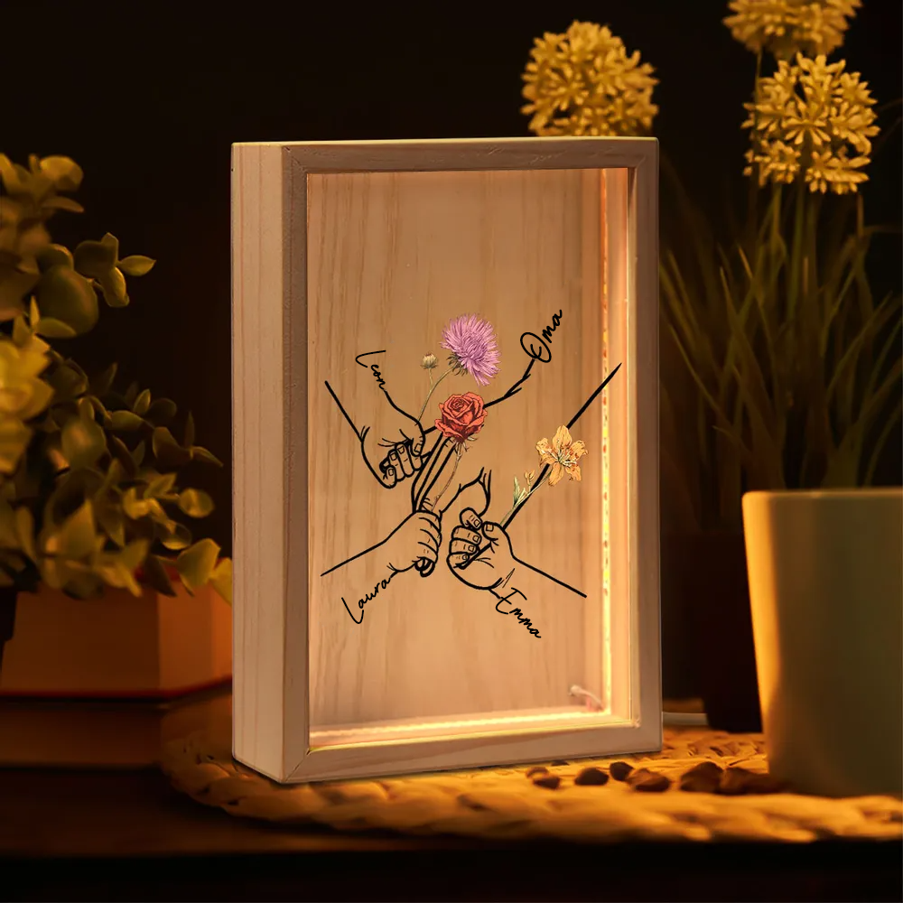 Händchen haltend – Personalisierter Leuchtrahmen mit Geburtsblumen und Namen Geschenk für Mama und Oma