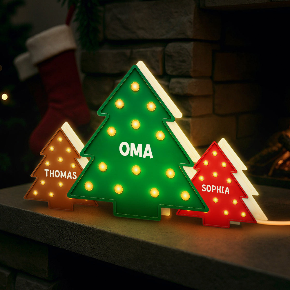 Personalisierte LED-Lichtbox – Weihnachtsbäume mit Namen