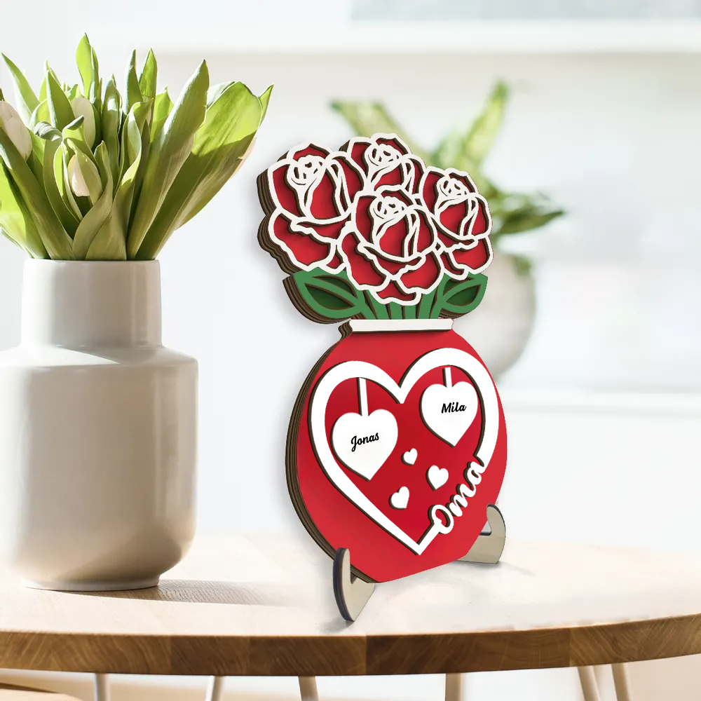 Rosenstrauß in Vase Personalisierte 2-Schicht-Holztafel für Mama und Oma