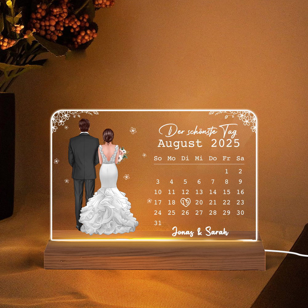 Personalisierte Nachtlicht mit Brautpaar und Kalender Hochzeitsgeschenk