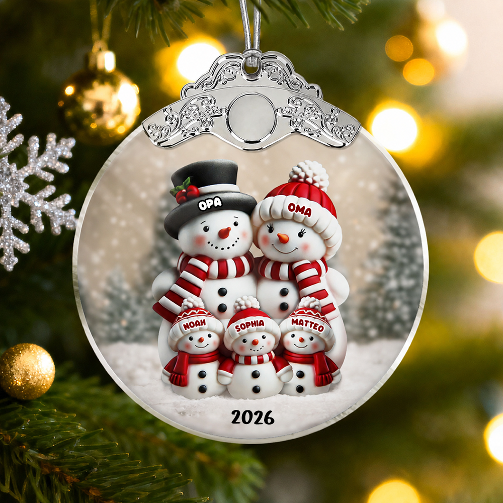 Personalisierter Glas-Weihnachtsanhänger – Schneemannfamilie