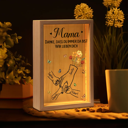 Personalisierte Holzrahmen-Lichtbox mit Hand-in-Hand und Geburtsblumen Geschenk für Mama und Papa