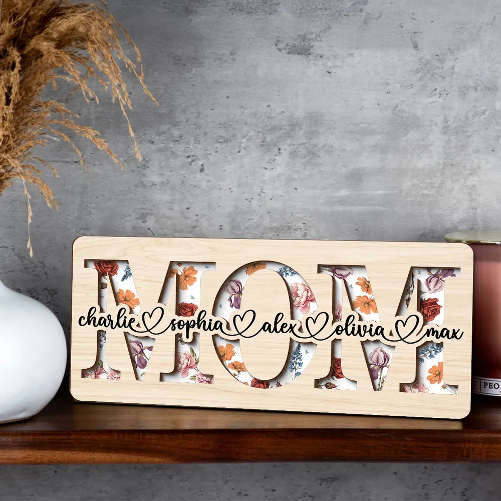 MAMA/MOM/OMA/MAMI- Personalisierter 2-lagiger Holzaufsteller mit Geburtsblumen und Namen