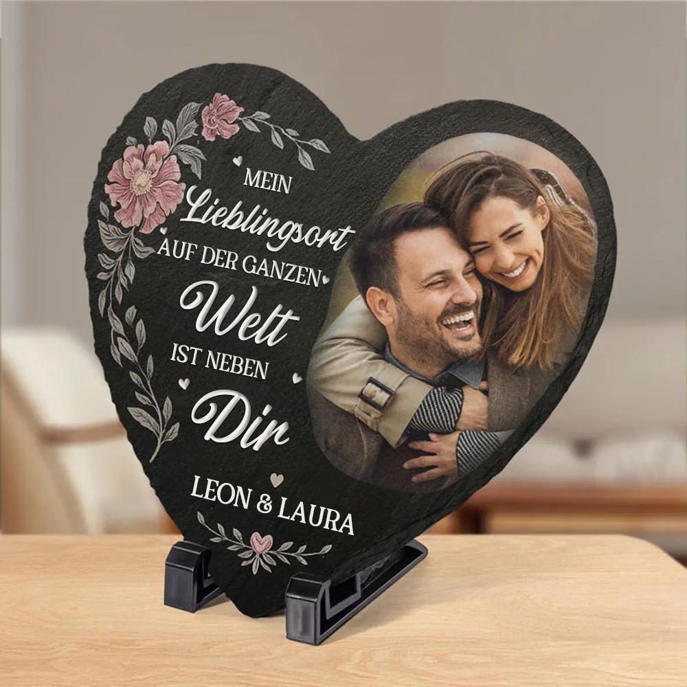 Mein Lieblingsort-Personalisierte Schieferplatte mit Foto für Paare – Herzform mit Stand