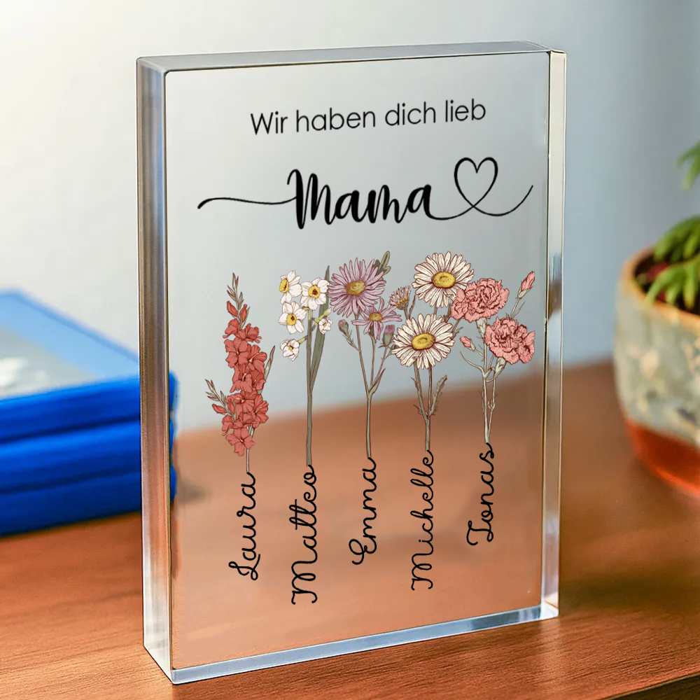 Personalisierter Acrylblock mit Geburtsblumen, Namen und Text Geschenk für Oma und Mama
