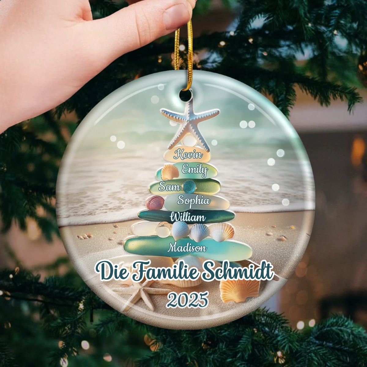 Personalisiertes Keramikornament mit Meerglas Christbaumschmuk mit Namen