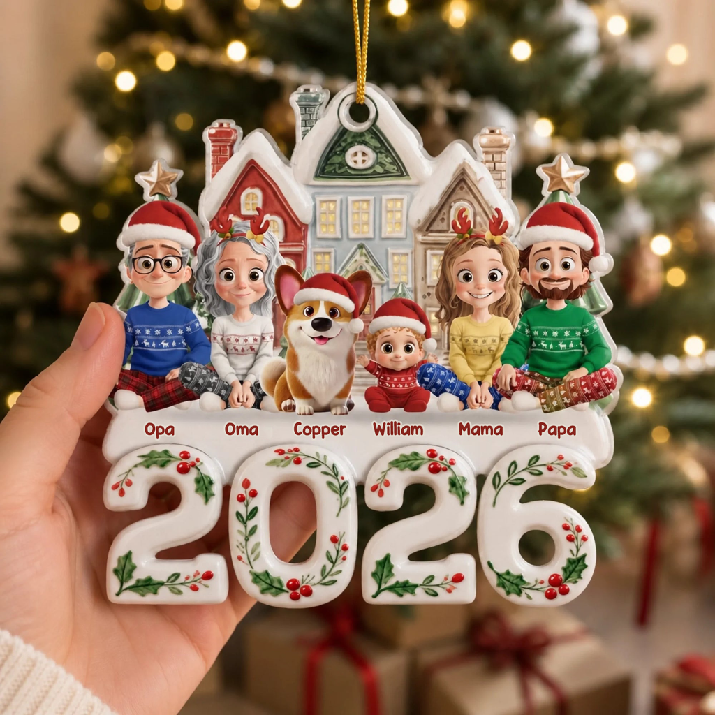 Personalisierter Acrylanhänger 2025 Christbaumschmuck mit Familie, Hund und Katze